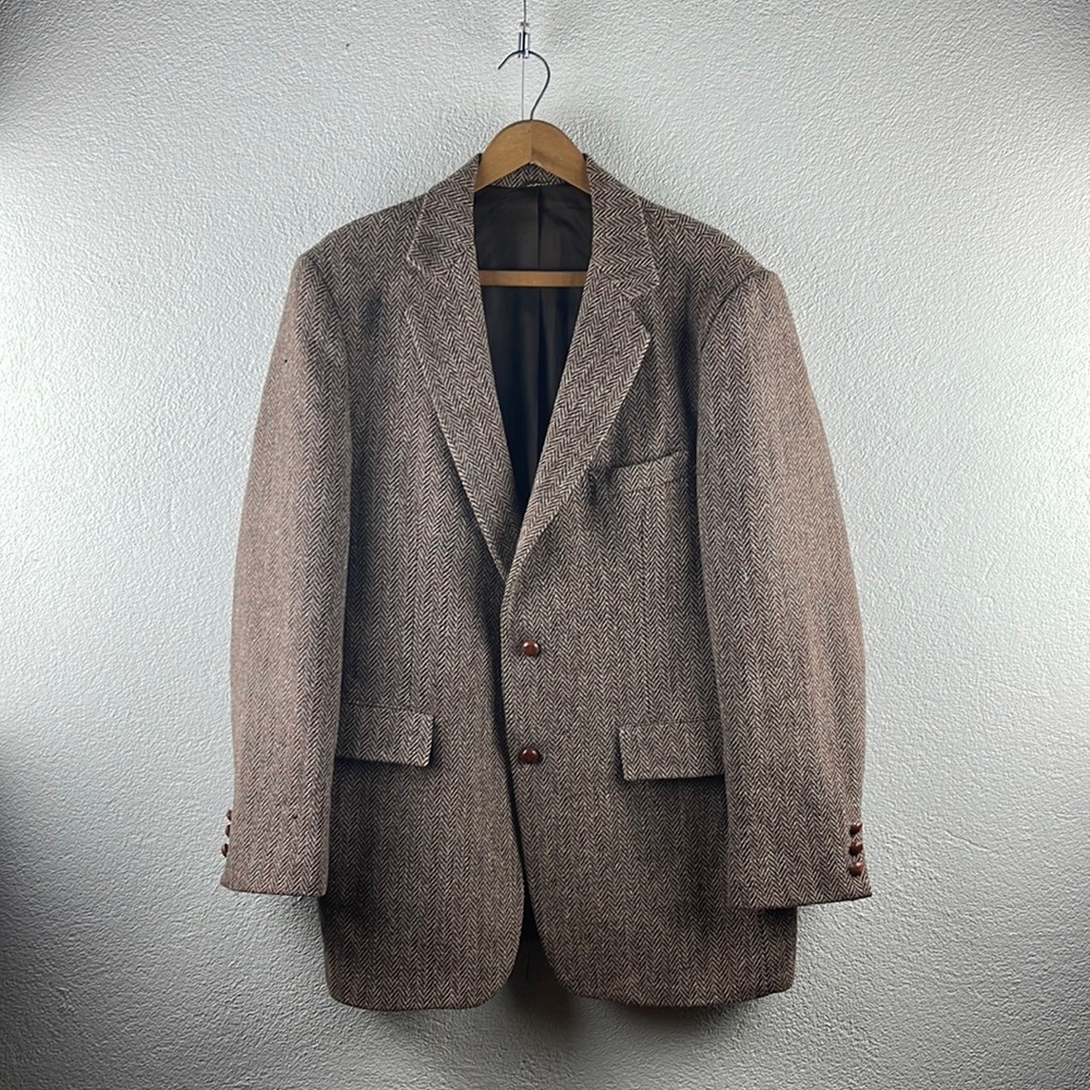 Vintage l 70s M Harris Tweed Handwoven Pure Scottish Wool Herringbone Sport Coat